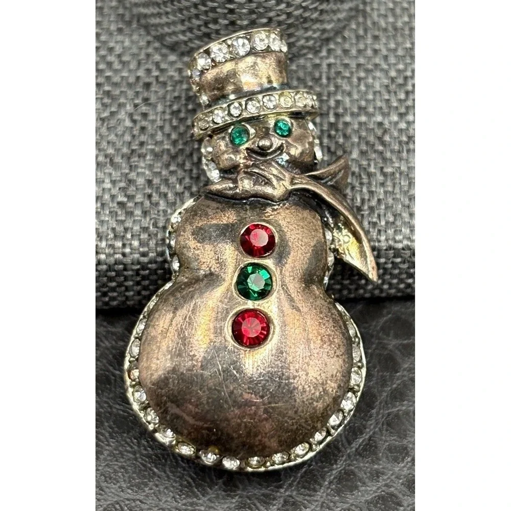 VTG Jez Sterling Silver 925 Snowman Brooch Red Green Rhinestone Christmas Pin